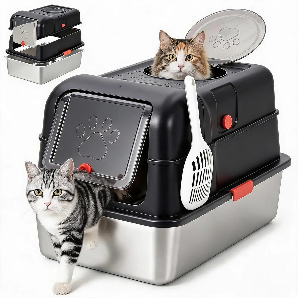 Extra Large Stainless Steel Litter Box with Lid, NonāStick Black Covered Metal Cat Litter Box, DualāEntry OdorāResistant Enclosed Cat Toilet for Indoor Cats, Kittens & MultiāCat Households