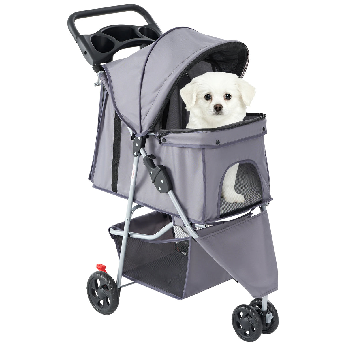 Foldable Three Wheel Pet Stroller With Mesh Windows And Storage Basket