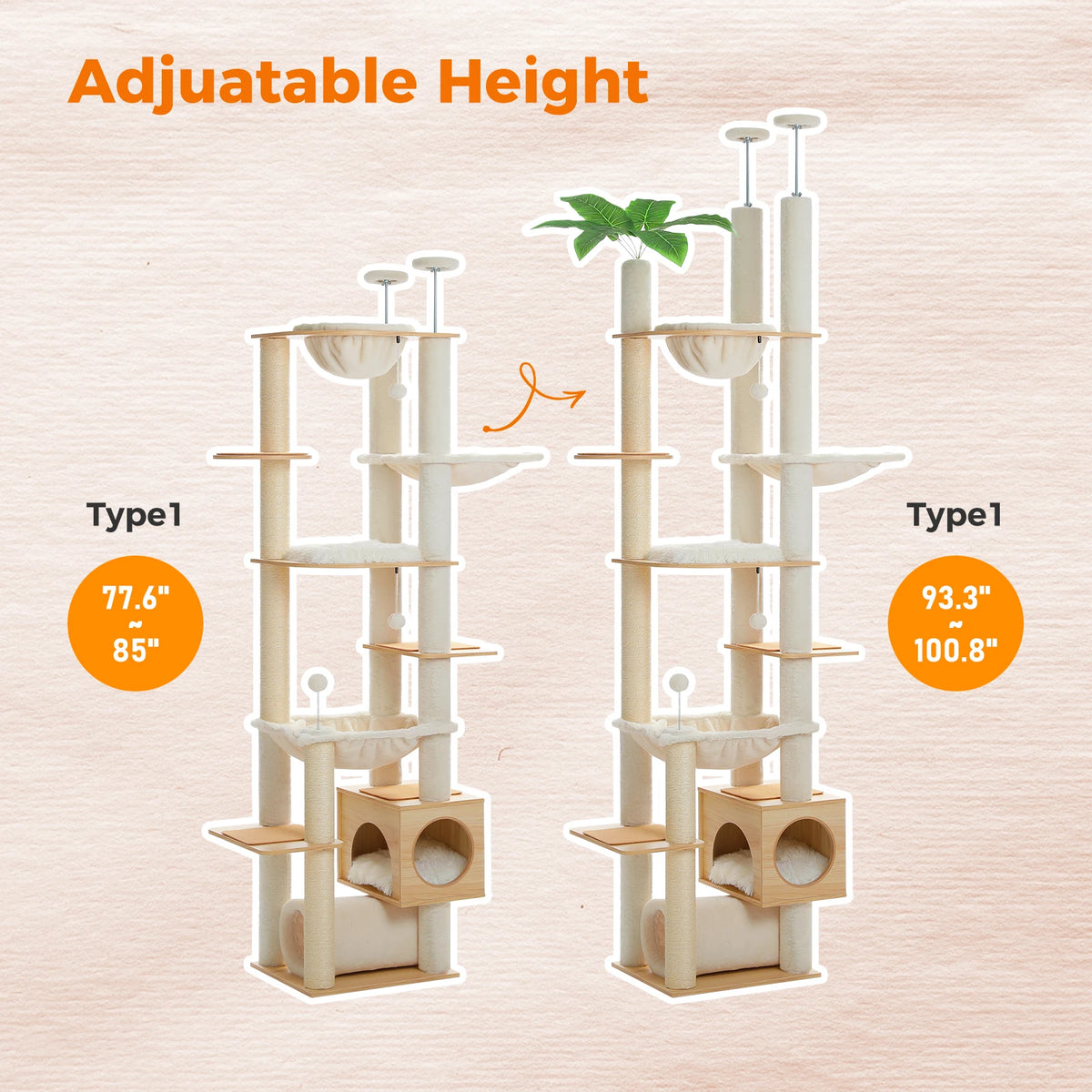 Height Adjustable Wooden Cat Tree With Hammock And Sisal Scratching Posts