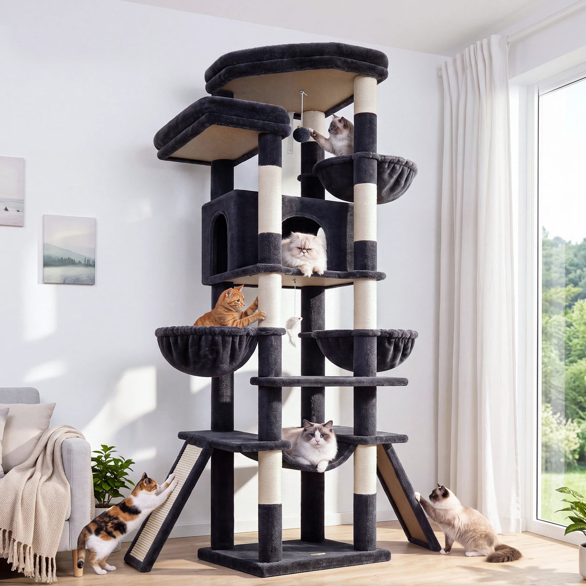 75 Inch Tall Cat Tree for Large Adult Cats, Sturdy Cat Tower with Condos, Hammocks, Sisal Scratching Posts and Boards Multi-Level