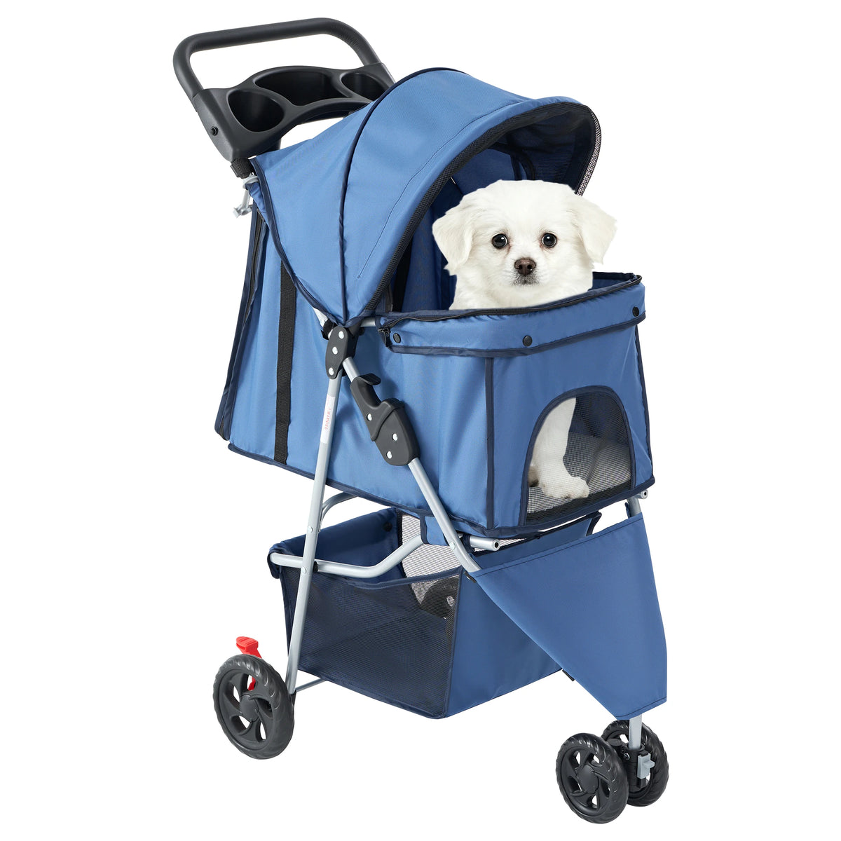 Foldable Three Wheel Pet Stroller With Mesh Windows And Storage Basket
