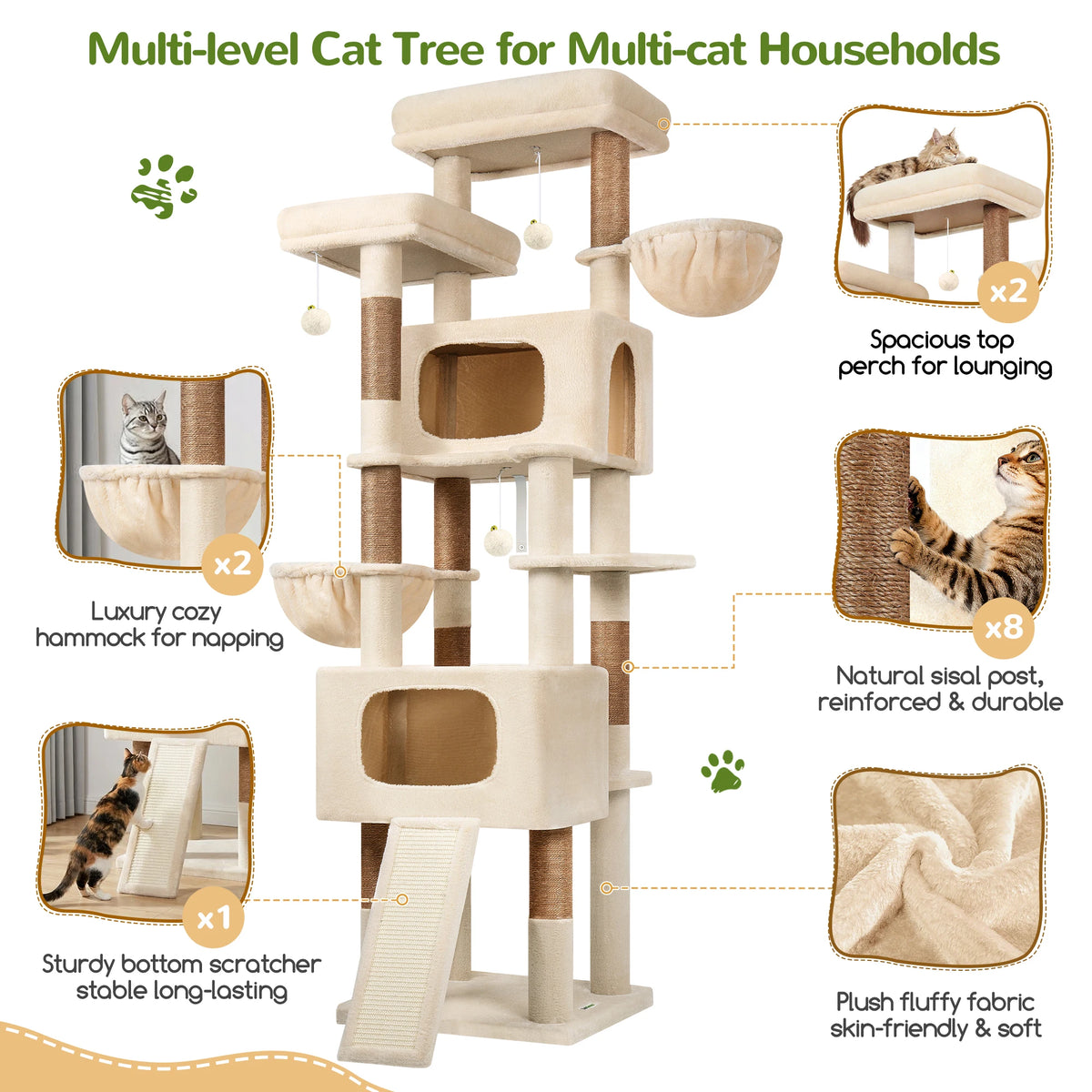 Globlazer 77" Large Cat Tree Tower for Indoor Cats, Multi-Level Cat Climbing Activity Center with 2 Condos, 2 Hammocks, Scratching Posts