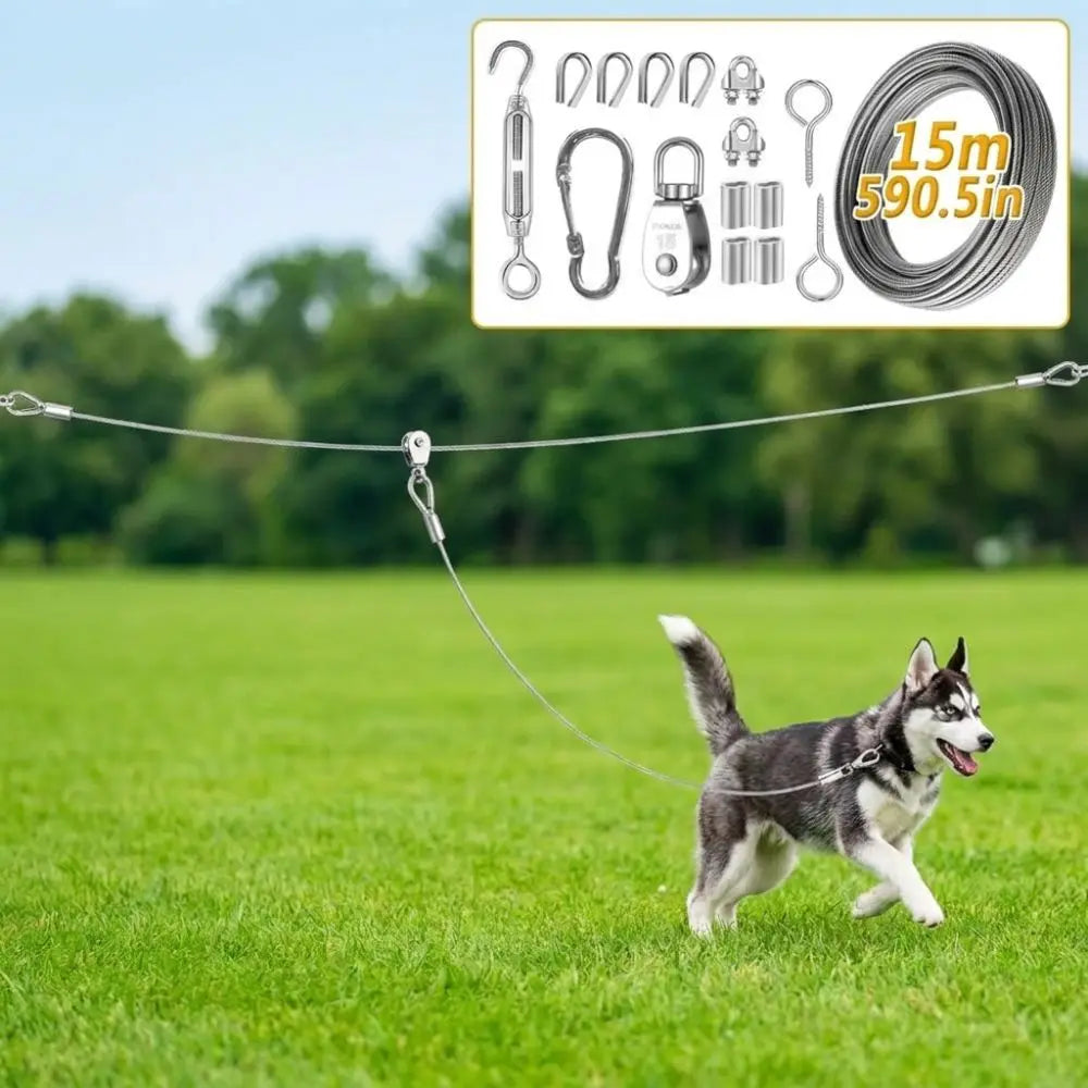 Outdoor Dog Tie Out Cable System With Rust Resistant Metal Trolley