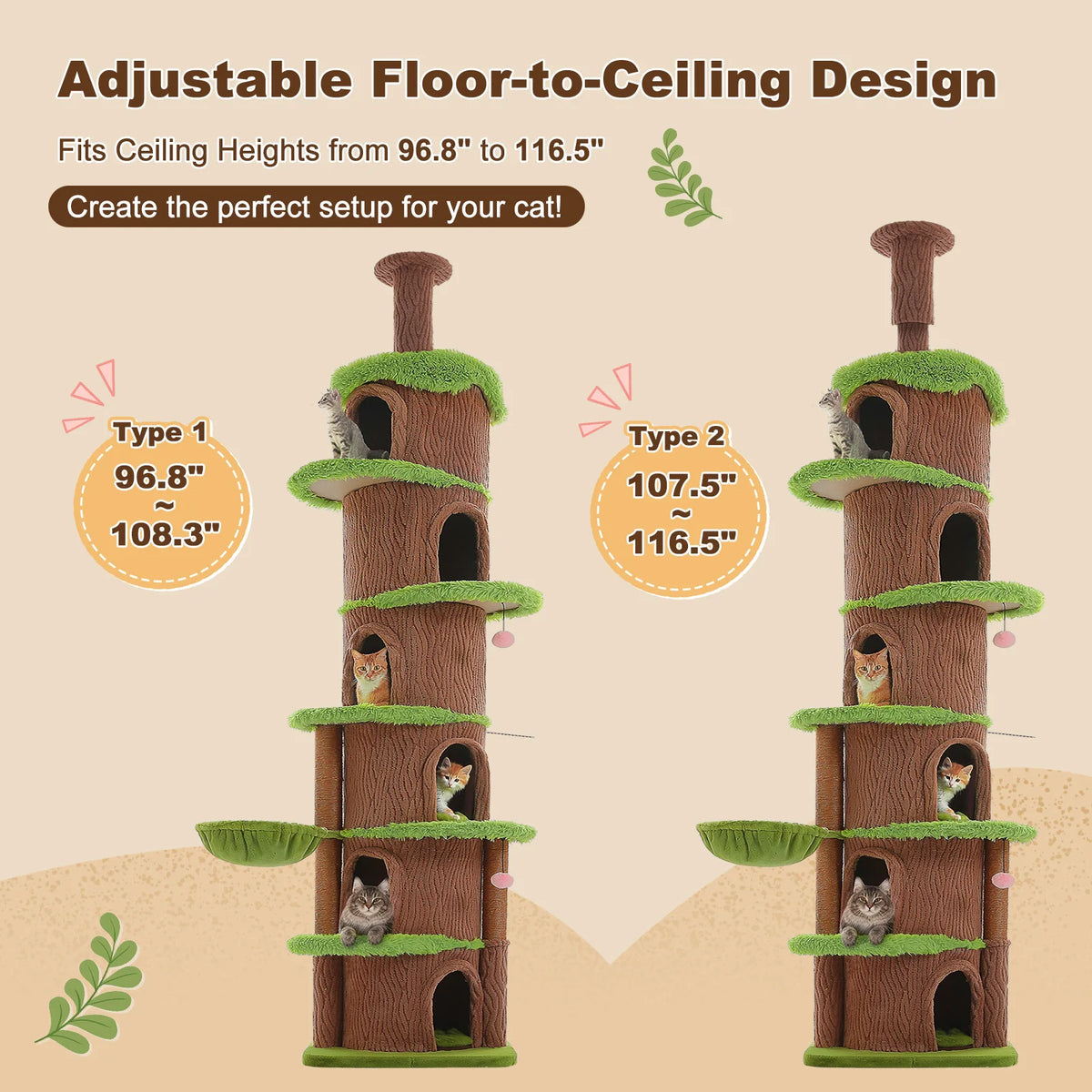 Floor To Ceiling Cat Tree With Sisal Scratching Posts And Hammock