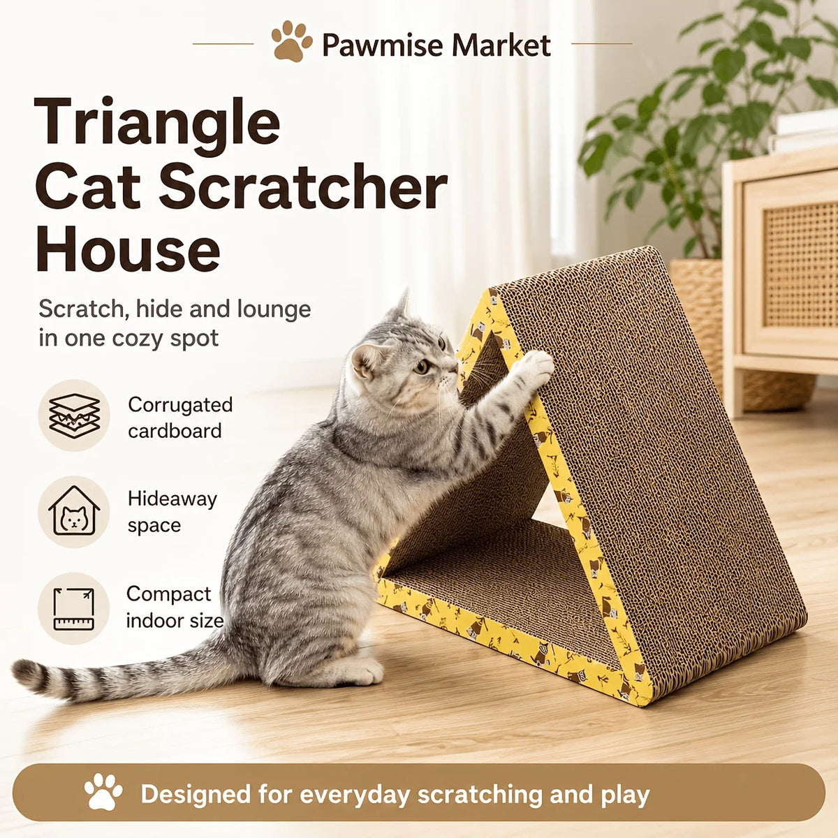 Foldable Triangular Cat Scratcher Lounge With Interactive Play Tunnel