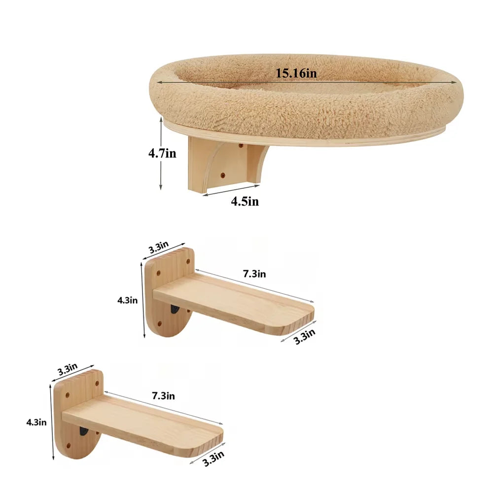 Cat Wall Mounted Wooden Hammock With Scratching Post And Climbing Ladder