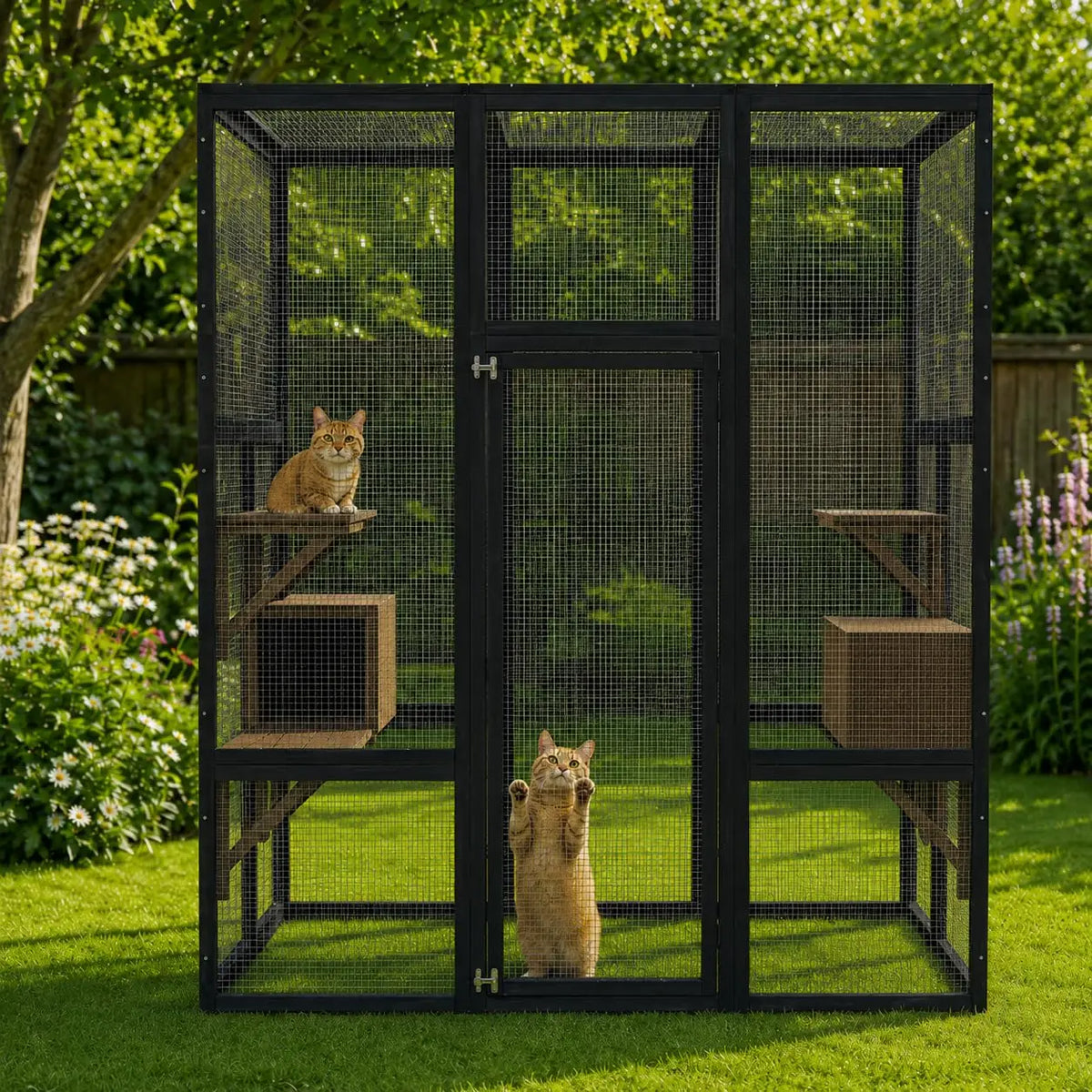 Outdoor Wooden Cat Enclosure With Weatherproof Roof And Multi Level Perches