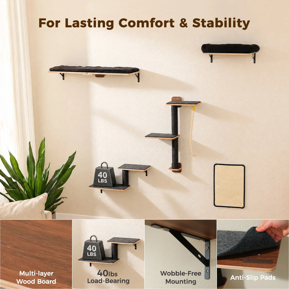 Modern Wooden Cat Wall Climbing Shelves With Sisal Scratching Posts