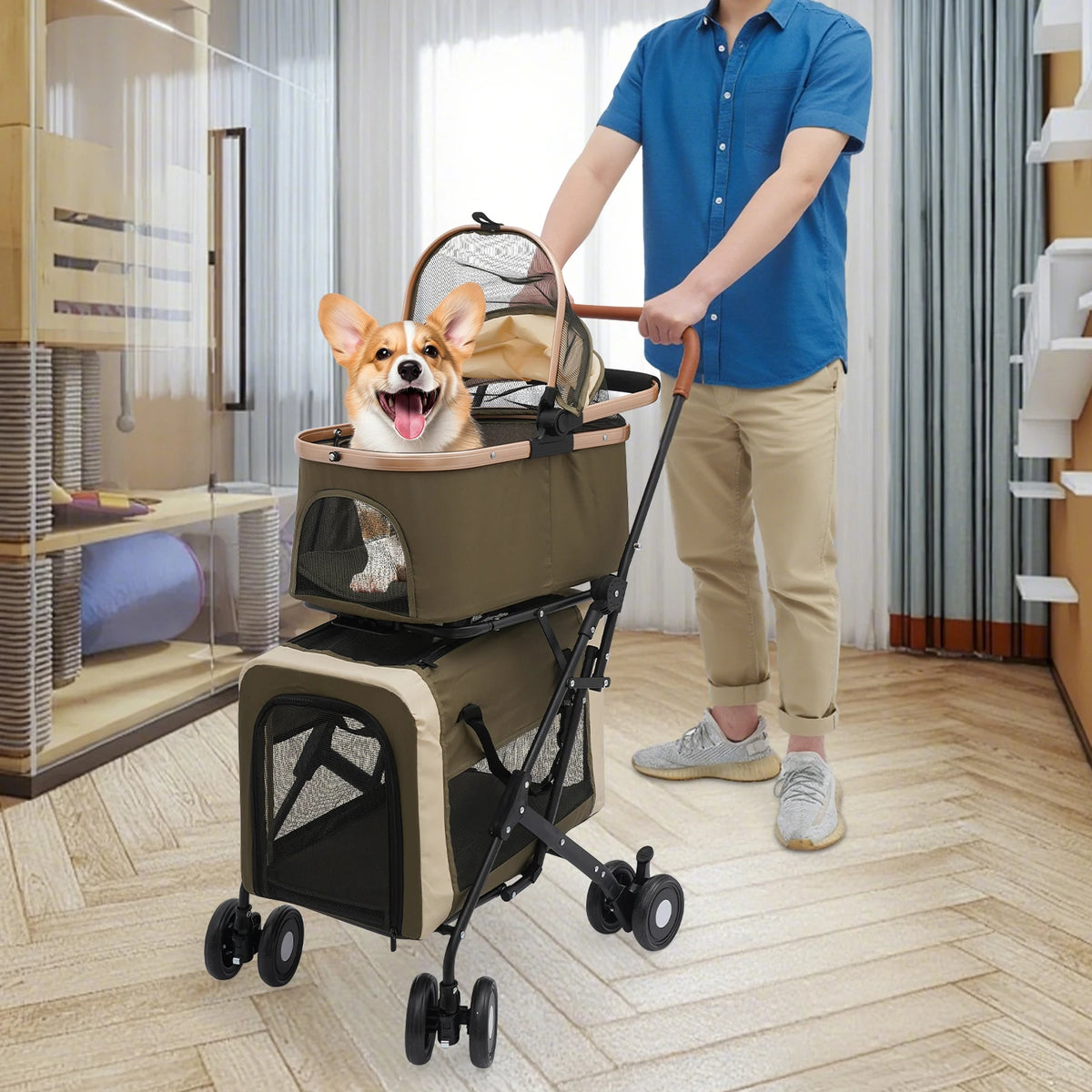 Dual Tier Foldable Pet Stroller With Sunshade And Secure Locks For Walking