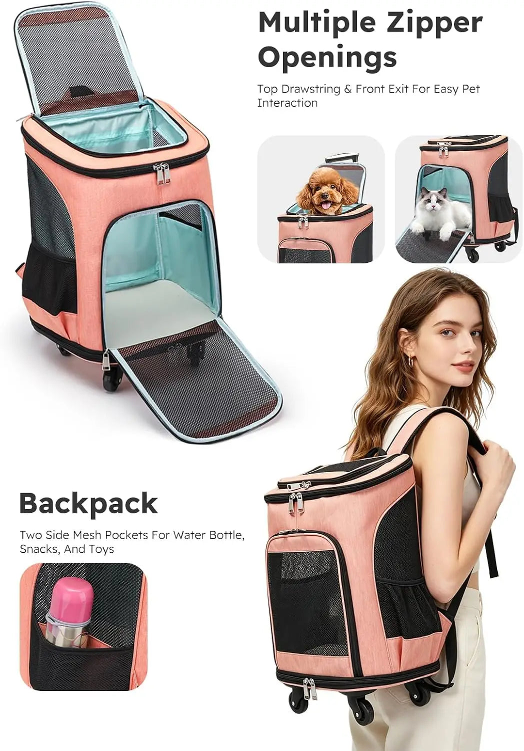 3-in-1 Wheeled Pet Carrier Backpack: Foldable Rolling Travel Carrier with 4-Sided Mesh Ventilation, Removable Pad & Airline Approved for Small Dogs and Cats