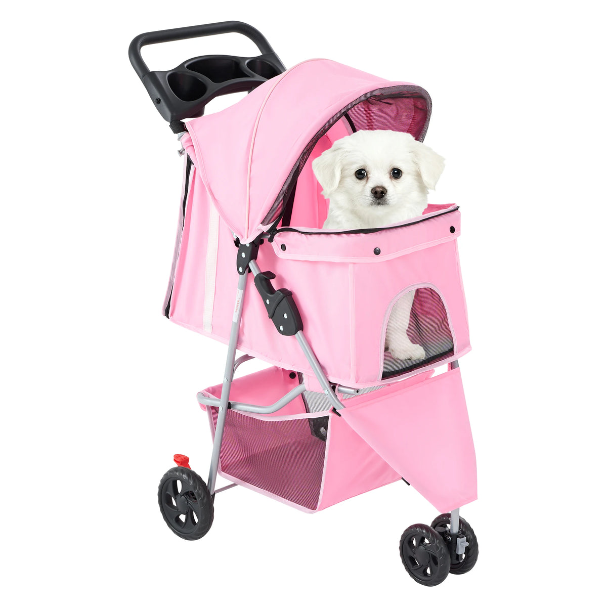 Foldable Three Wheel Pet Stroller With Mesh Windows And Storage Basket