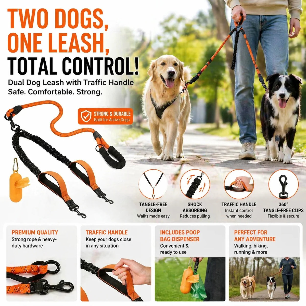 Reflective Double Dog Leash With Two Handles Non Tangle Shock Absorbing