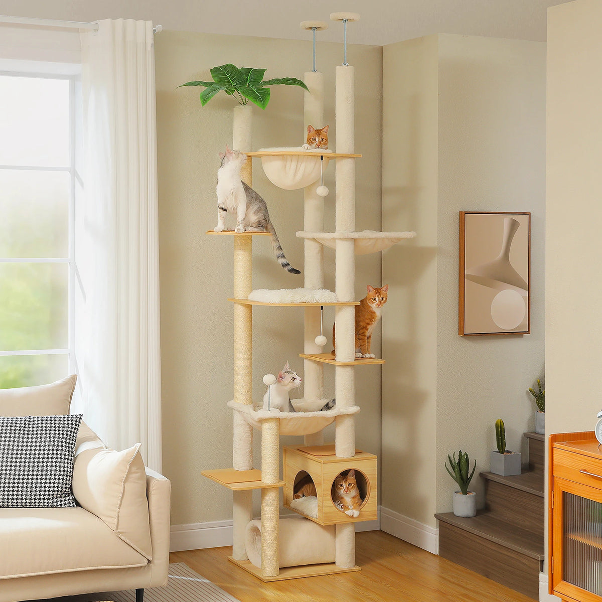 Height Adjustable Wooden Cat Tree With Hammock And Sisal Scratching Posts