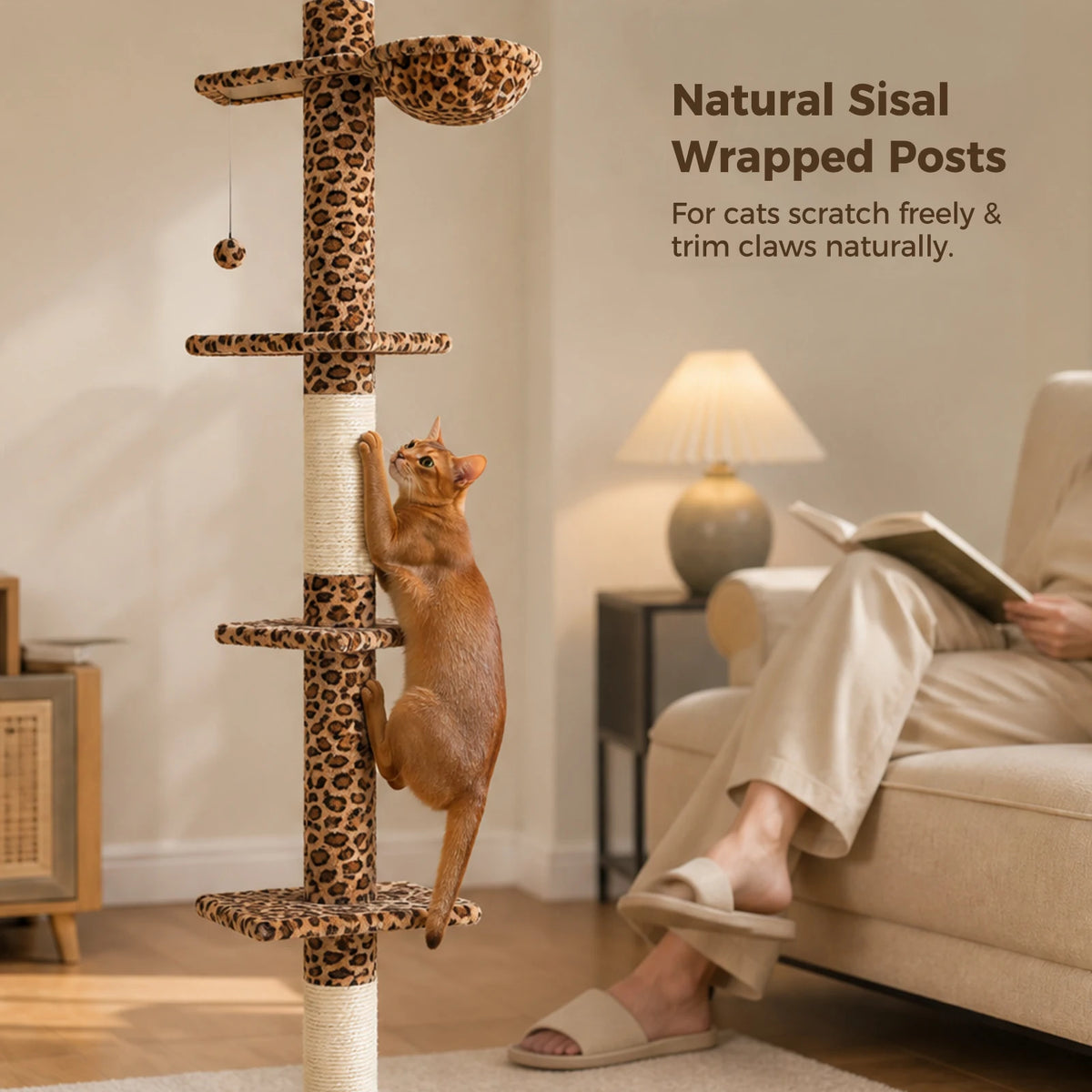 Floor to Ceiling Cat Tree with Sisal Scratching Posts and Hammock
