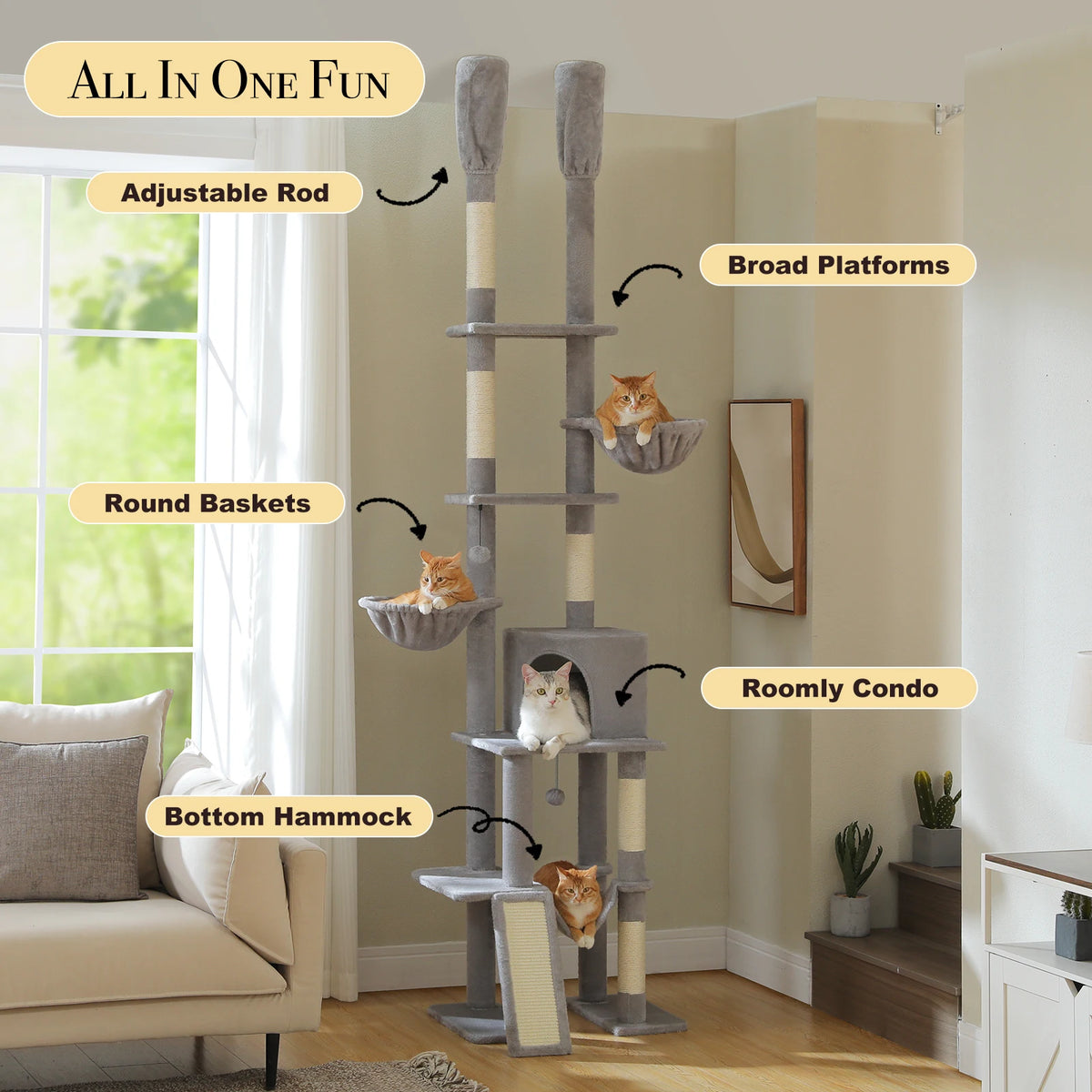 Cactus Cat Tree Floor To Ceiling Tower With Hammocks And Condos