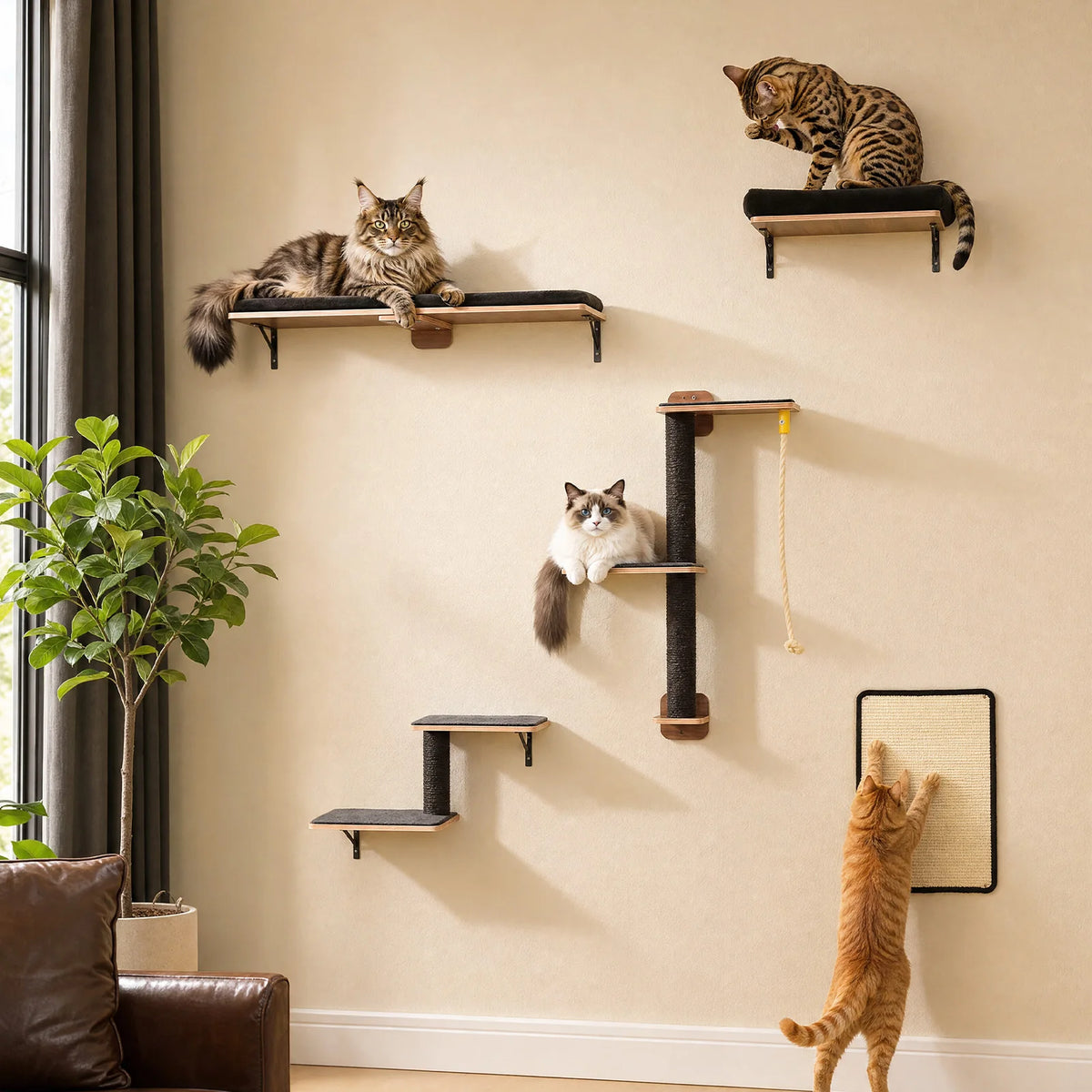 Modern Wooden Cat Wall Climbing Shelves With Sisal Scratching Posts