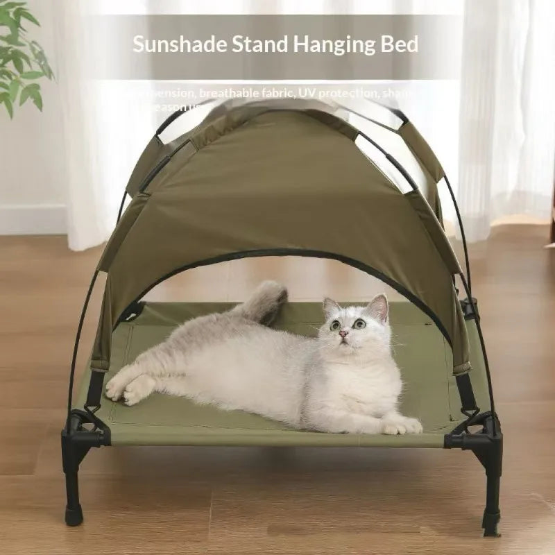 Detachable Sunshade Tent Raised Pet Bed UV Block Waterproof Canopy Breathable Ventilated Mesh Surface Sturdy Metal Support Frame Off-ground Anti-moisture Elevated Dog Cat Bed Outdoor Lawn Camping Anti-sun Sleeping Bed For Sma