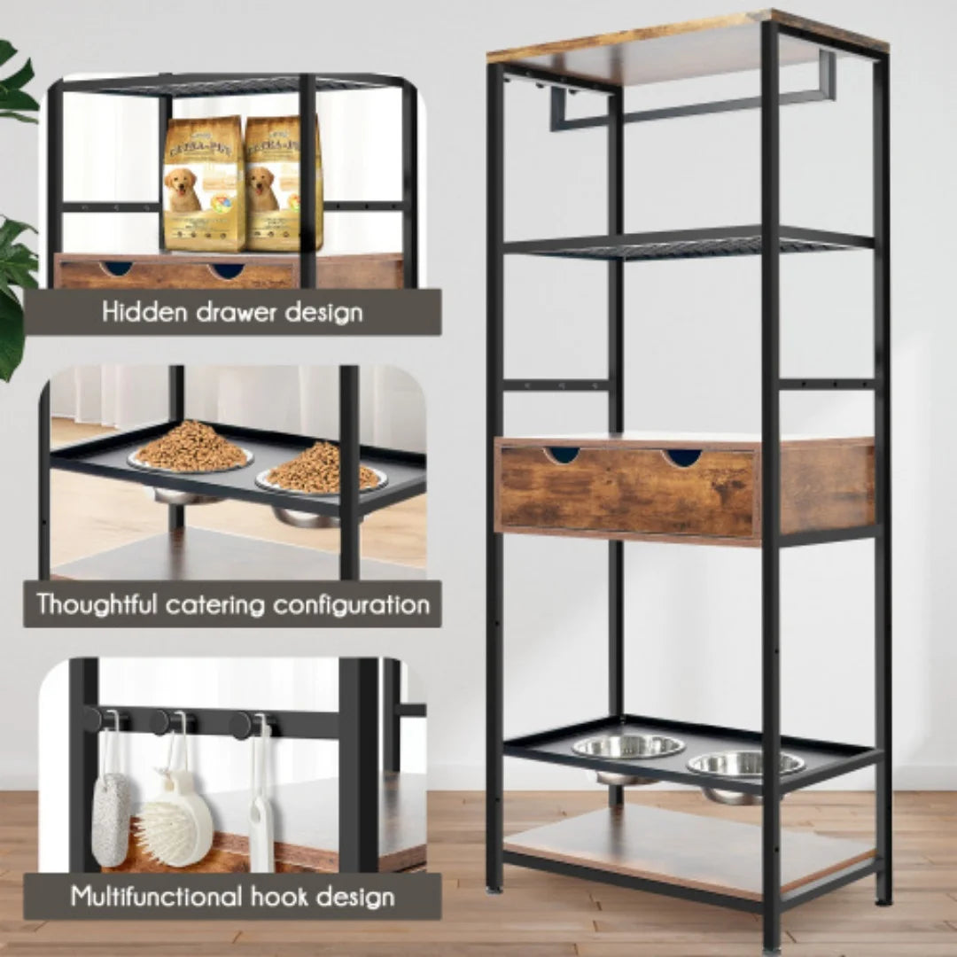 Dog Feeding Station with Storage, 3 Height Adjustable Elevated Dog Bowls Stand with Drawers & Shelves, Stainless Steel Raised Feeder for Large Medium Dogs Cats, Pet Food Cabinet for Home