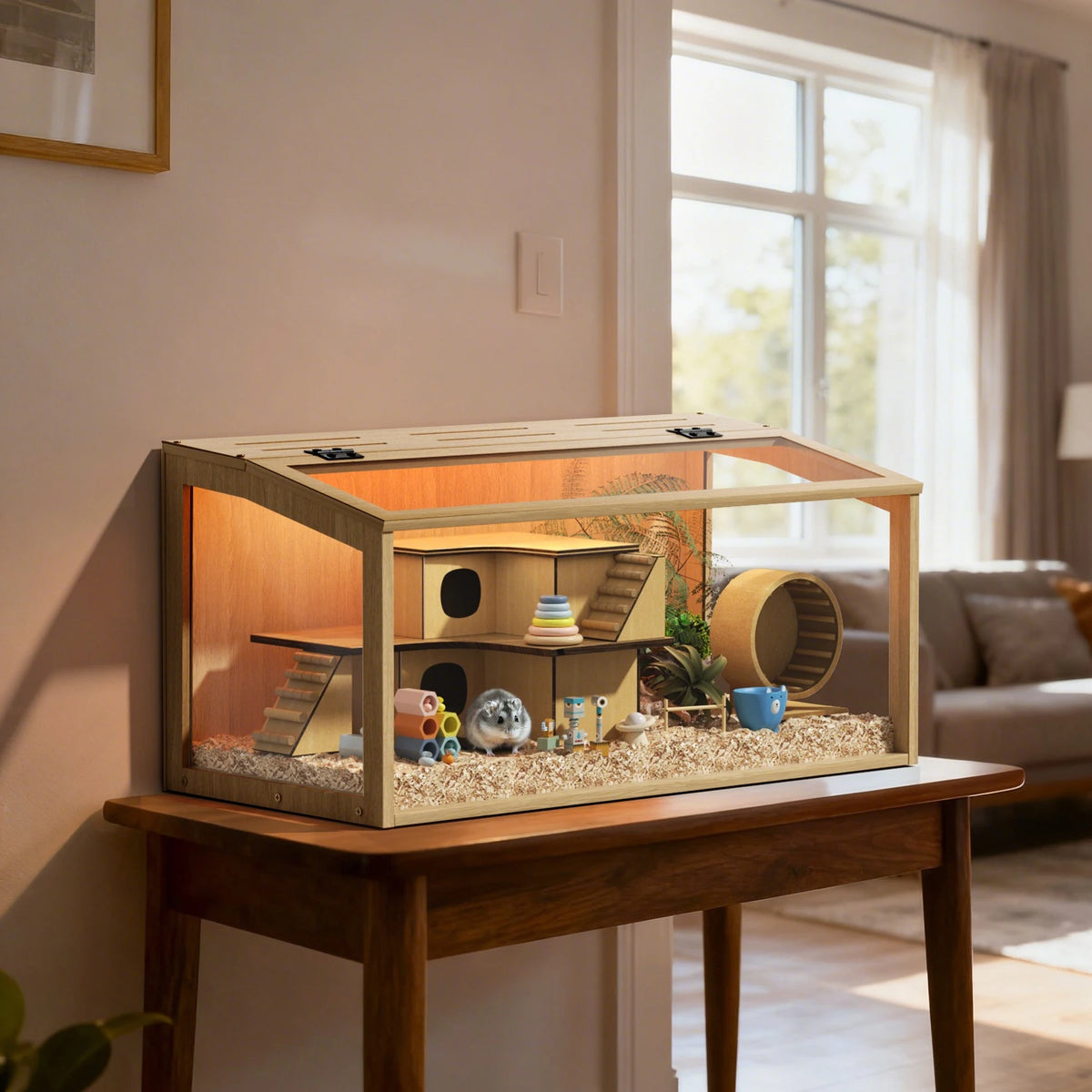 Spacious Wooden Hamster Cage With Clear Glass And LED Lighting