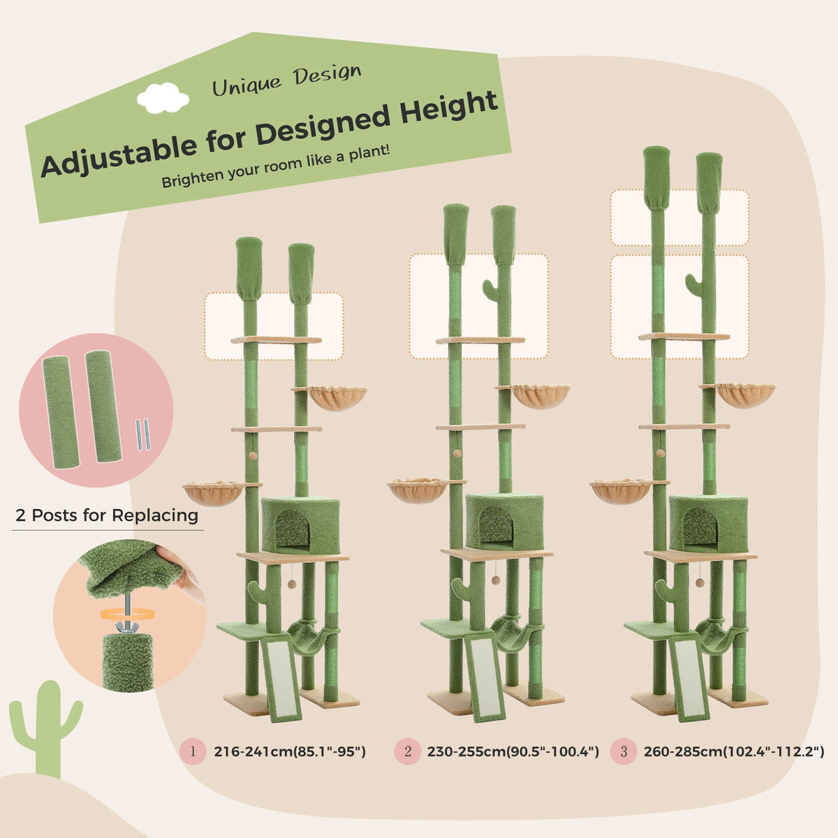 Cactus Cat Tree Floor To Ceiling Tower With Hammocks And Condos