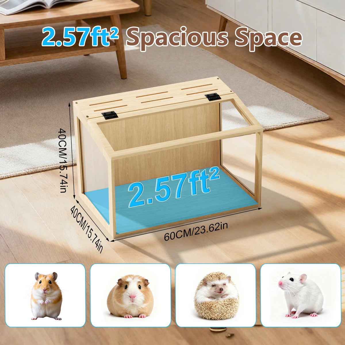 Spacious Wooden Hamster Cage With Clear Glass And LED Lighting