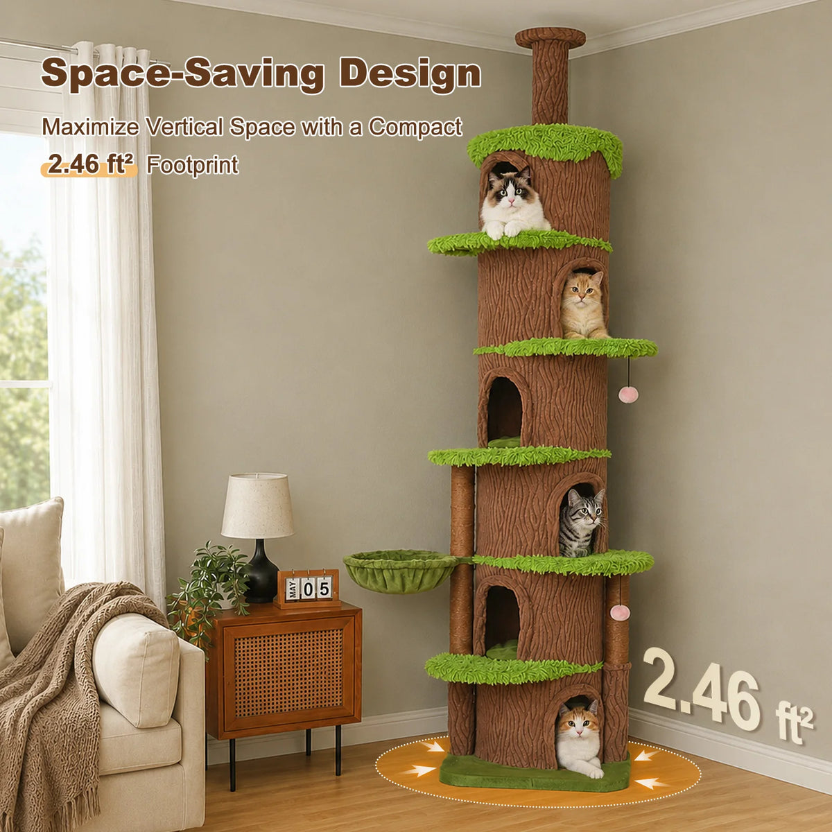 Floor To Ceiling Cat Tree With Sisal Scratching Posts And Hammock