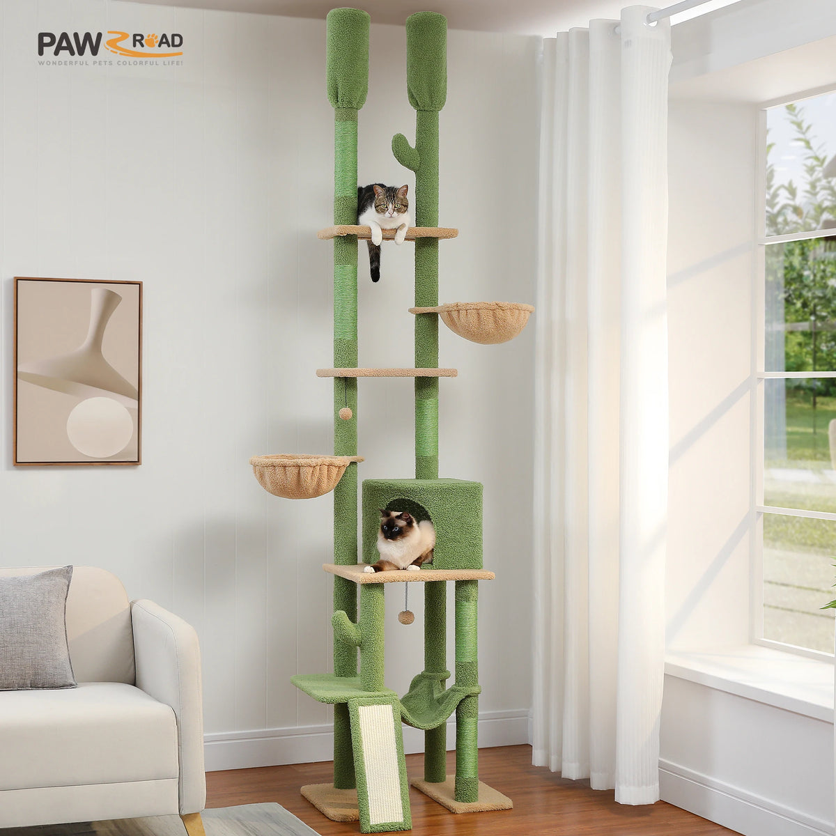 Cactus Cat Tree Floor To Ceiling Tower With Hammocks And Condos