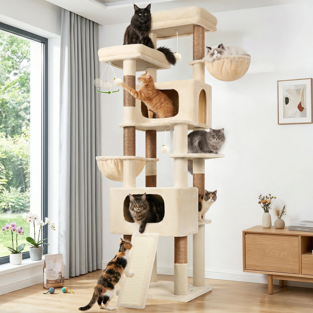 Globlazer 77" Large Cat Tree Tower for Indoor Cats, Multi-Level Cat Climbing Activity Center with 2 Condos, 2 Hammocks, Scratching Posts