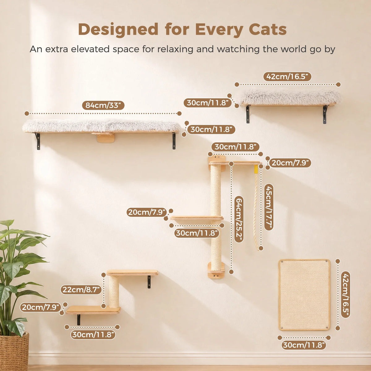 Modern Wooden Cat Wall Climbing Shelves With Sisal Scratching Posts