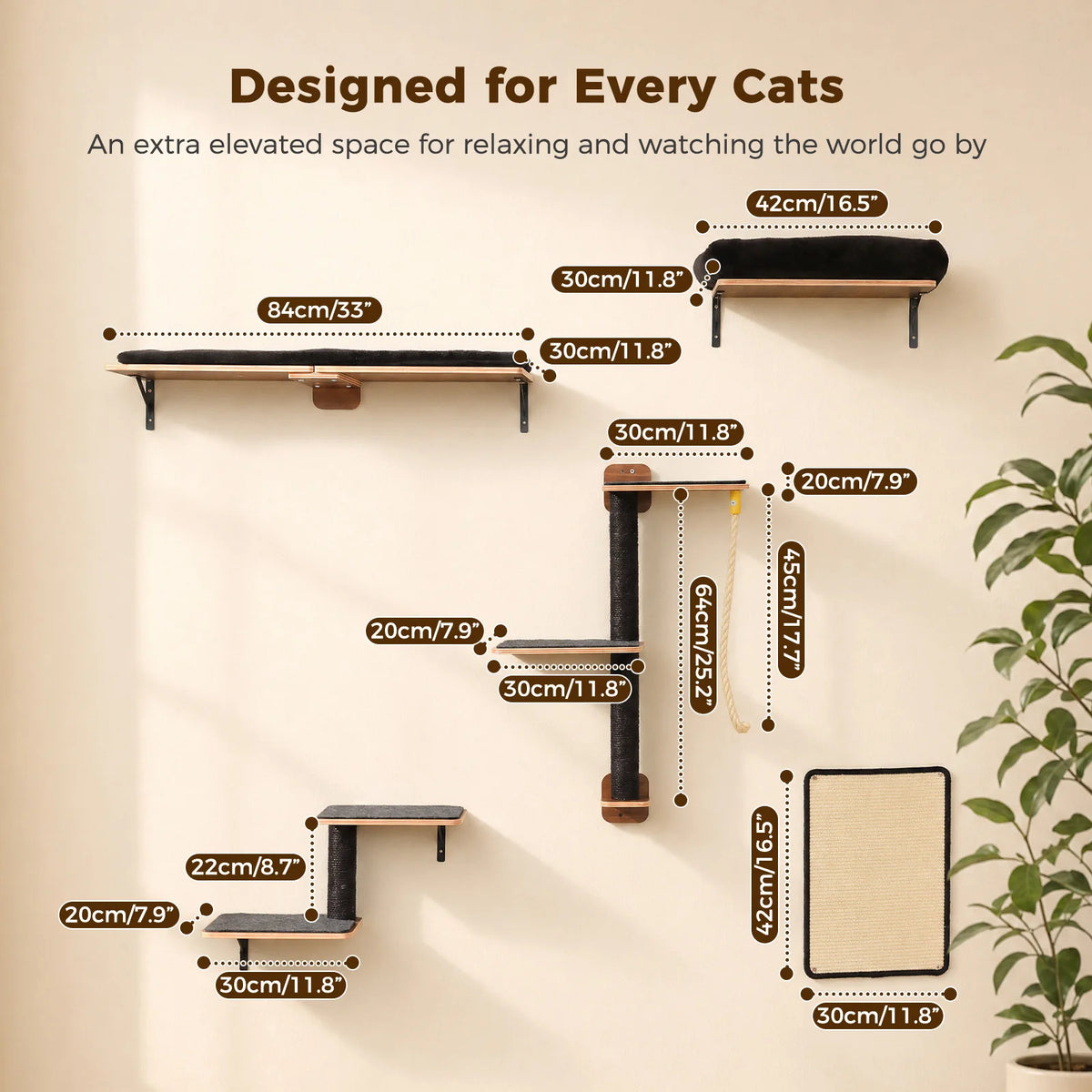 Modern Wooden Cat Wall Climbing Shelves With Sisal Scratching Posts