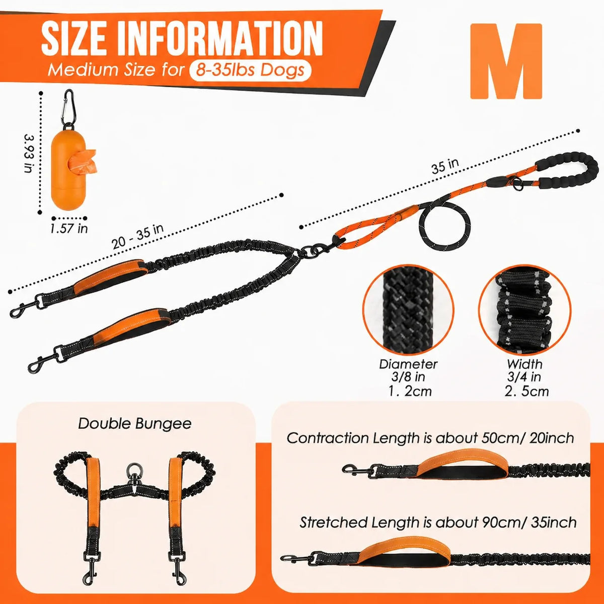 Reflective Double Dog Leash With Two Handles Non Tangle Shock Absorbing