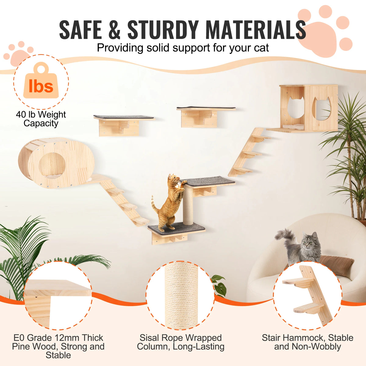 Dual Tier Wooden Wall Mounted Cat Shelves With Jumping Board Platform