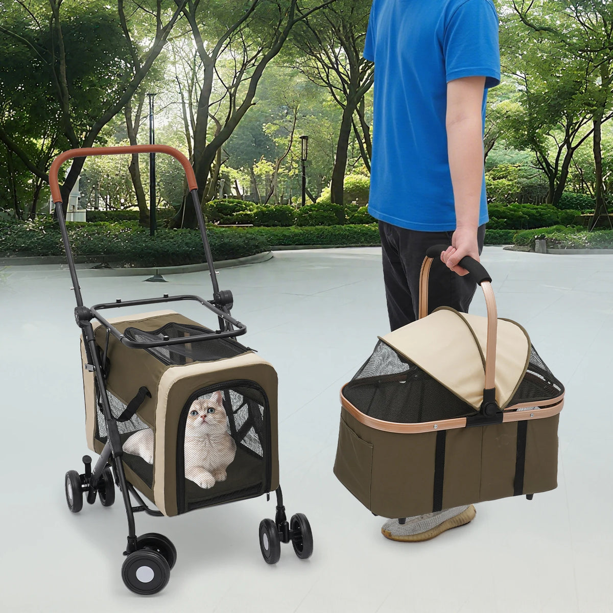 Dual Tier Foldable Pet Stroller With Sunshade And Secure Locks For Walking