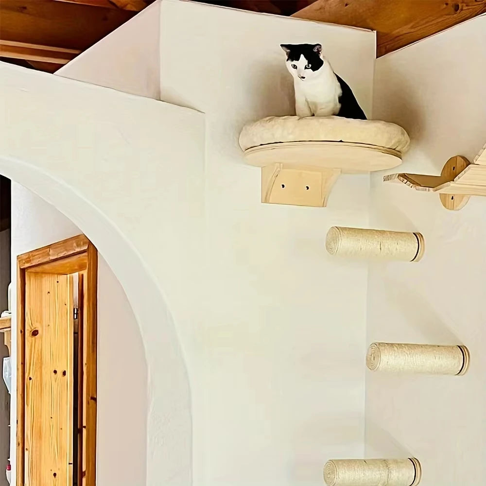 Wall Mounted Solid Wood Cat Shelf With Ladder Hammock And Scratch Post