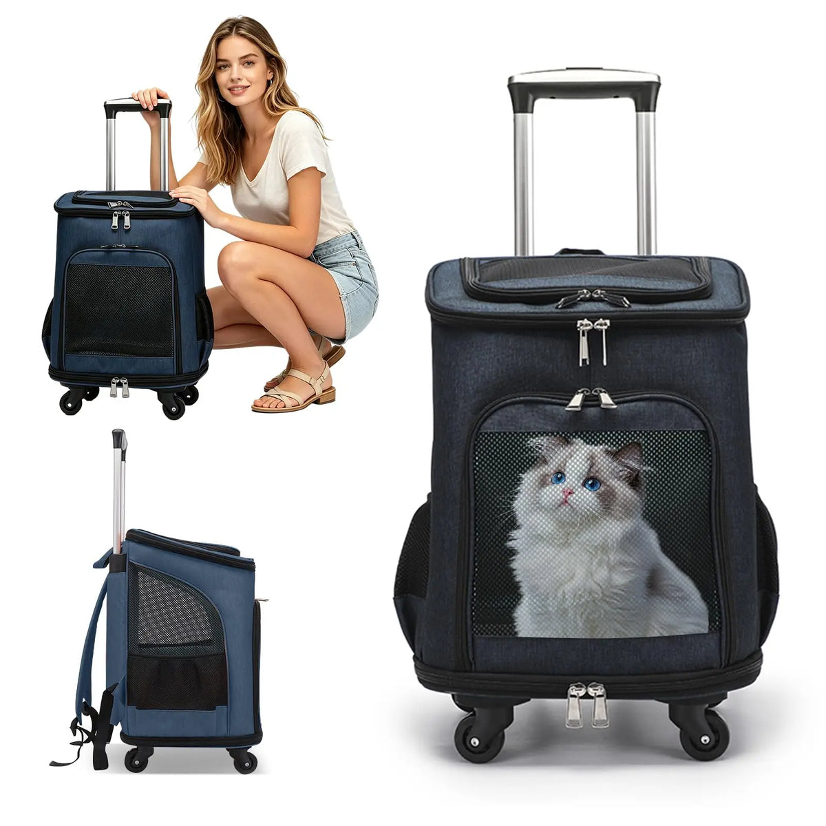 3-in-1 Wheeled Pet Carrier Backpack: Foldable Rolling Travel Carrier with 4-Sided Mesh Ventilation, Removable Pad & Airline Approved for Small Dogs and Cats