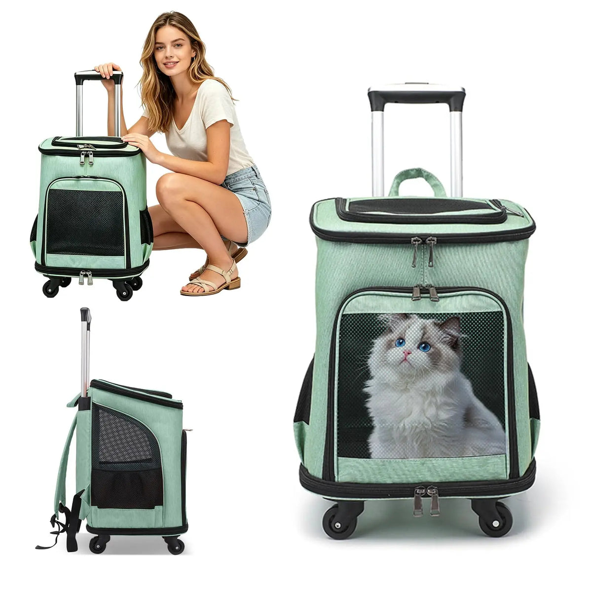 3-in-1 Wheeled Pet Carrier Backpack: Foldable Rolling Travel Carrier with 4-Sided Mesh Ventilation, Removable Pad & Airline Approved for Small Dogs and Cats