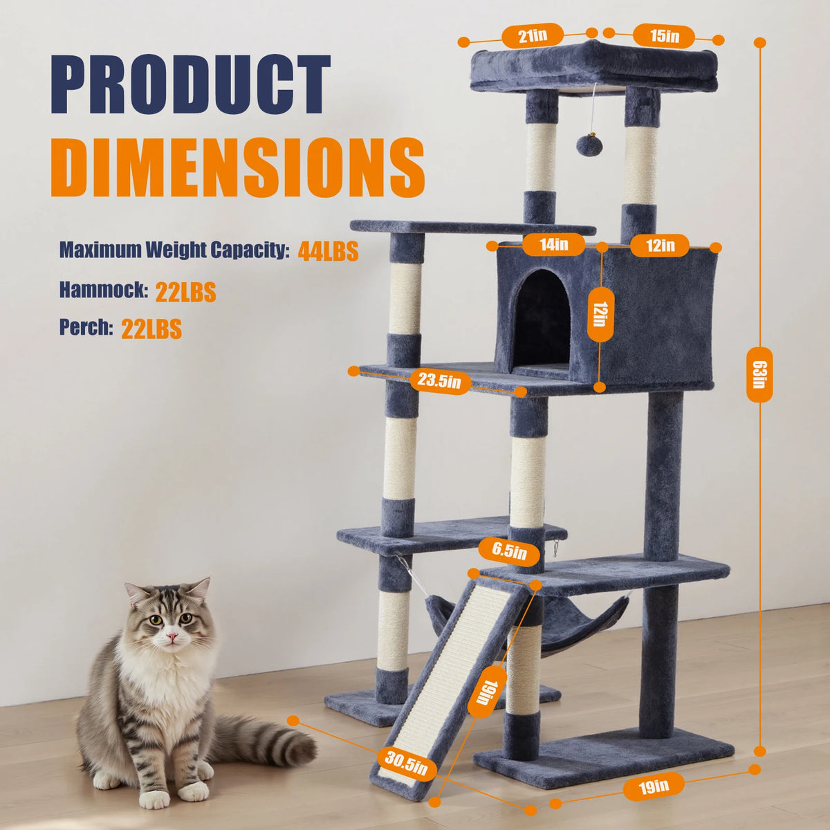 Tall Wood Multi Cat Tree Natural Sisal Posts Sturdy Base