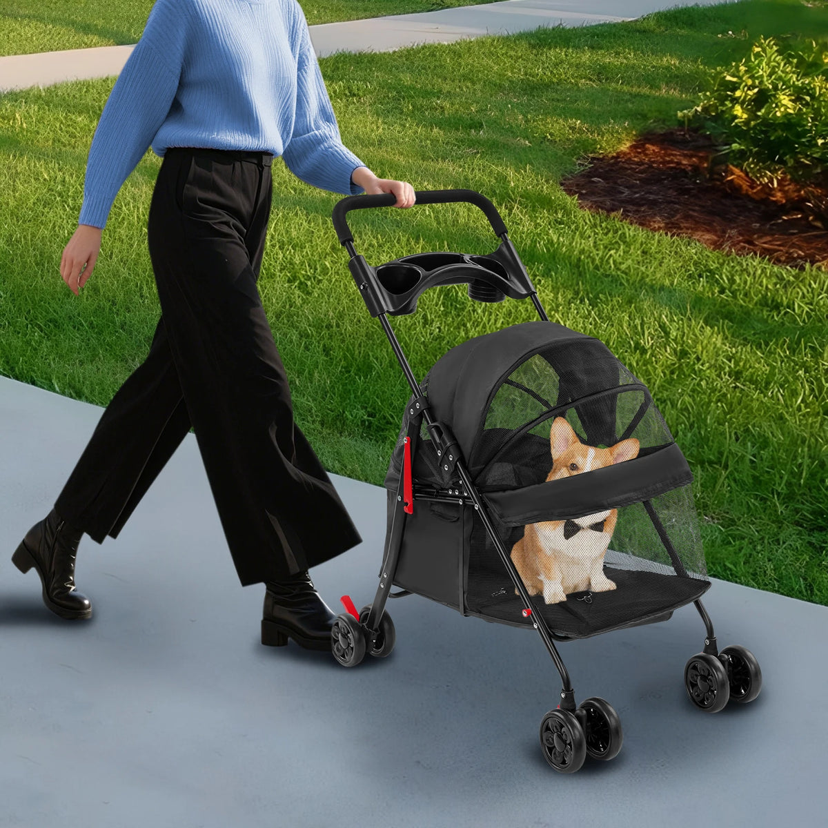 Foldable Pet Stroller Dogs Travel Cart Cats Wheelcart 69*49*97cm Lightweight for Small to Medium-sized Dog and Cat 4.54-18.14kg