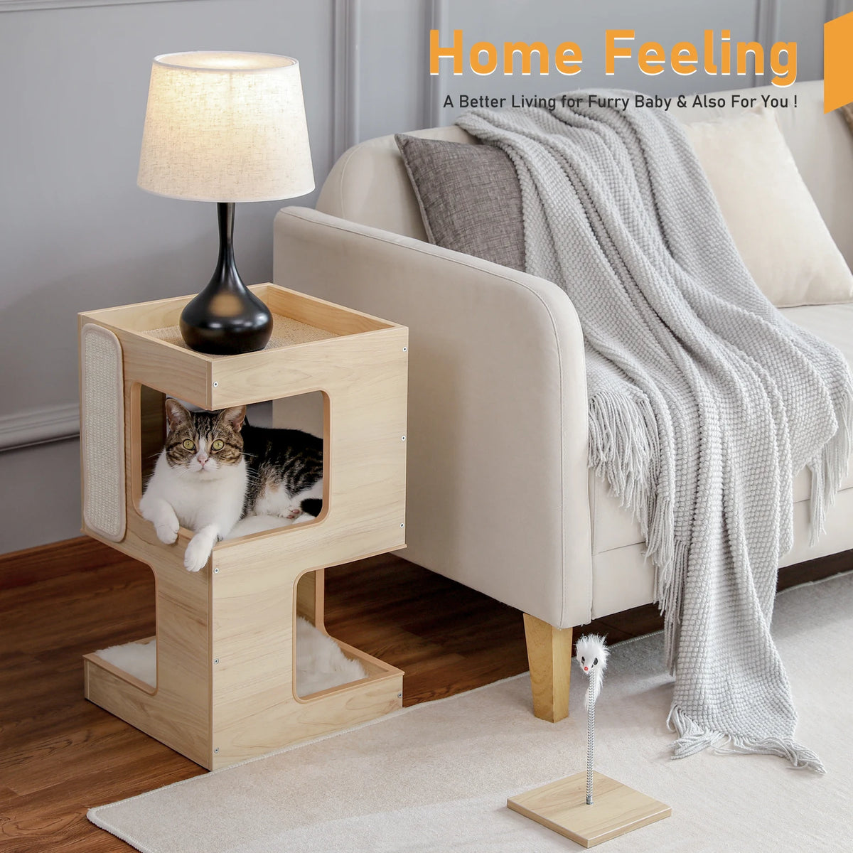 Modern Wood Cat Condo With Removable Mat And Scratching Platform