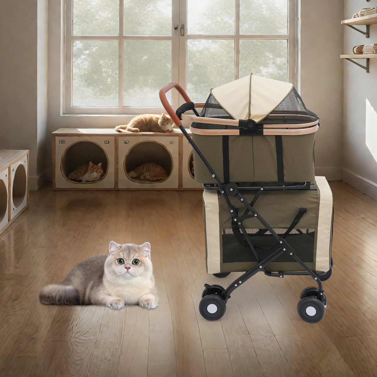 Dual Tier Foldable Pet Stroller With Sunshade And Secure Locks For Walking
