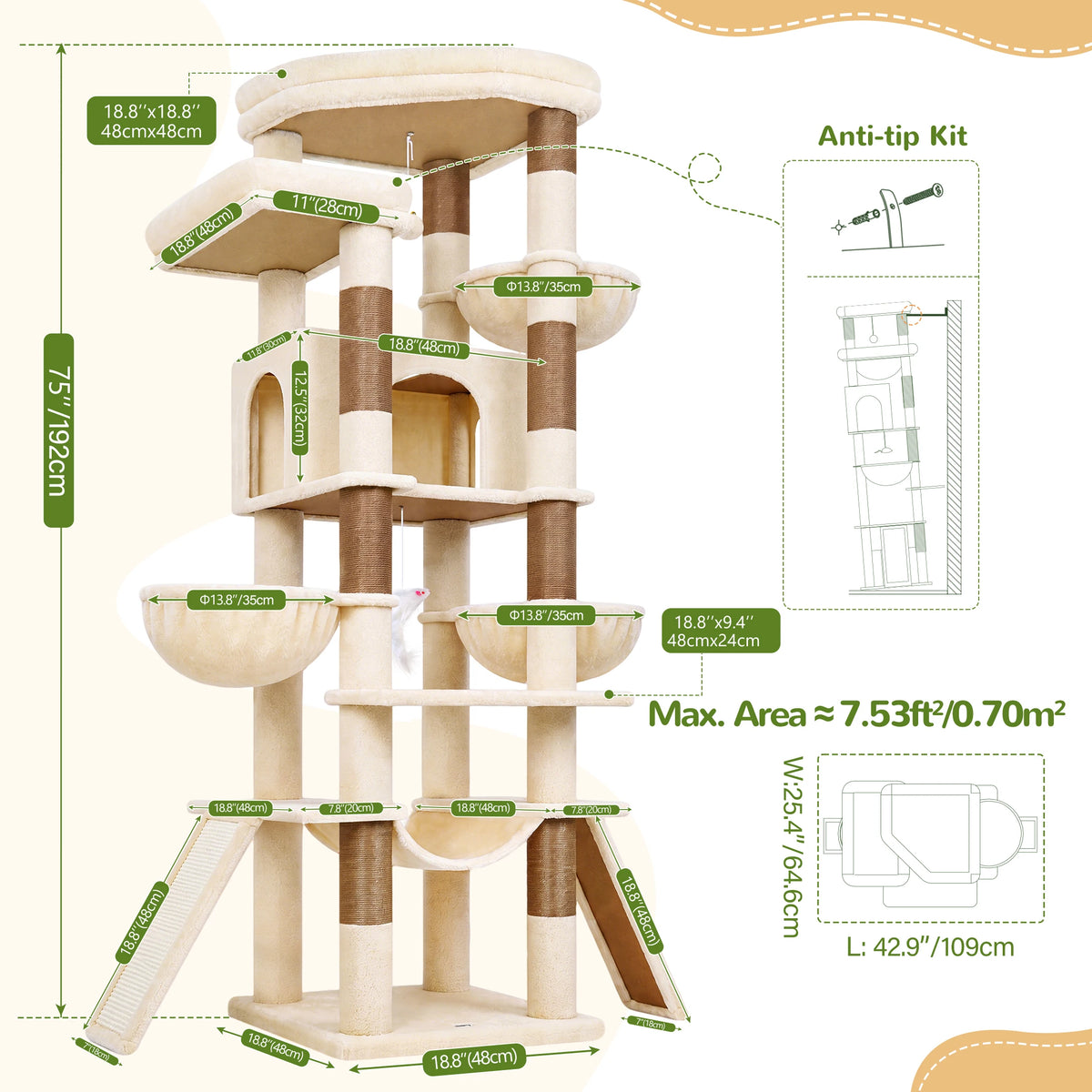 75 Inch Tall Cat Tree for Large Adult Cats, Sturdy Cat Tower with Condos, Hammocks, Sisal Scratching Posts and Boards Multi-Level