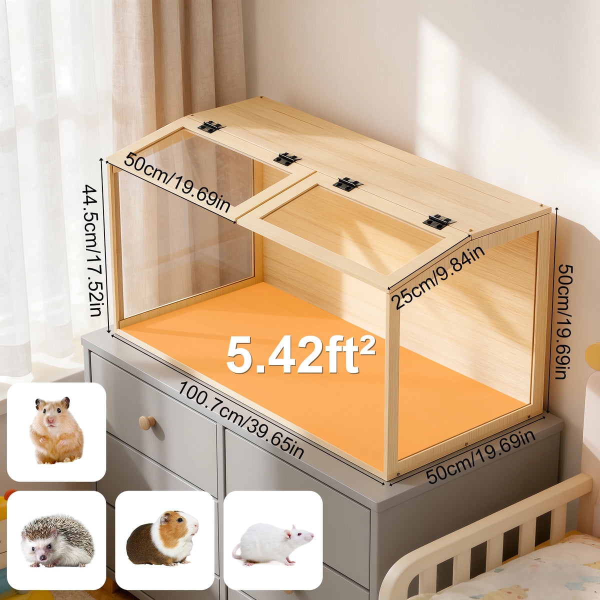 Spacious Wooden Hamster Cage With Clear Glass And LED Lighting