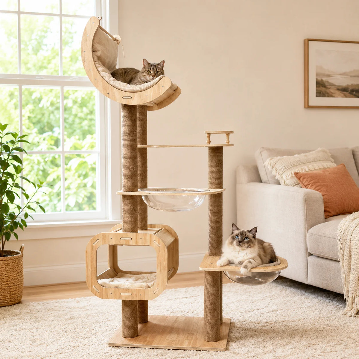68.3 inch Multi-Level Wooden Cat Tree Tower with Moon Hammock, Sisal Scratching Posts, Clear Acrylic Bowl Beds and Cozy Cat Condo for Indoor Cats