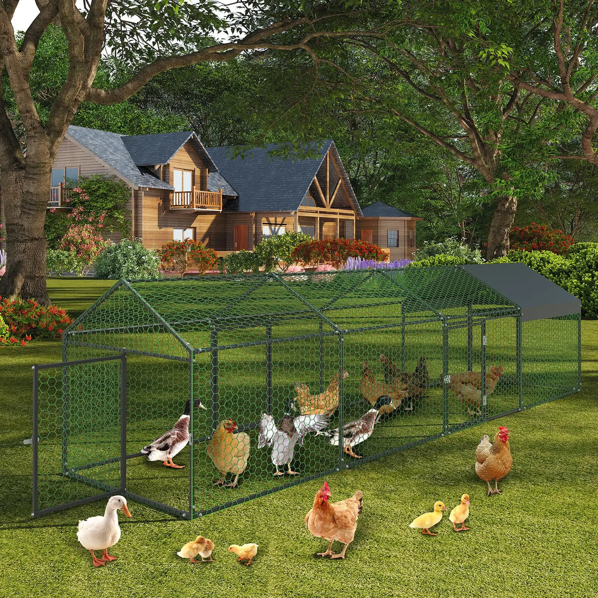 Outdoor Heavy Duty Metal Chicken Coop Walk In Run With Protective Cover