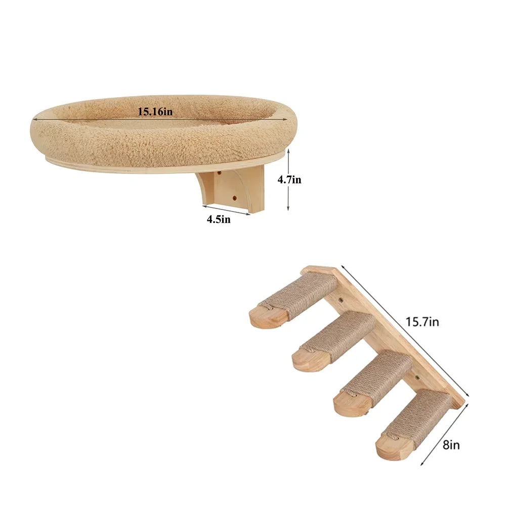 Cat Wall Mounted Wooden Hammock With Scratching Post And Climbing Ladder