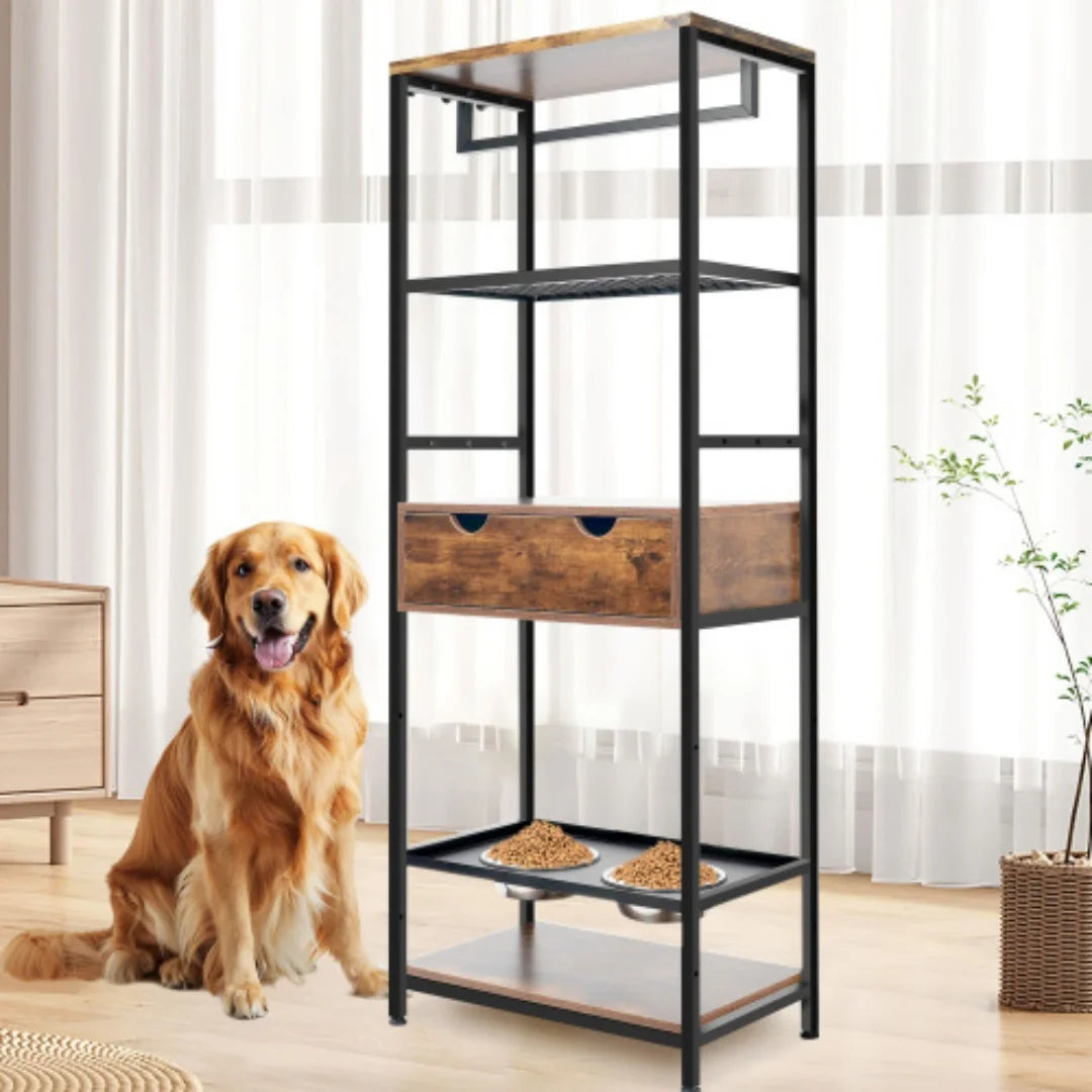 Dog Feeding Station with Storage, 3 Height Adjustable Elevated Dog Bowls Stand with Drawers & Shelves, Stainless Steel Raised Feeder for Large Medium Dogs Cats, Pet Food Cabinet for Home