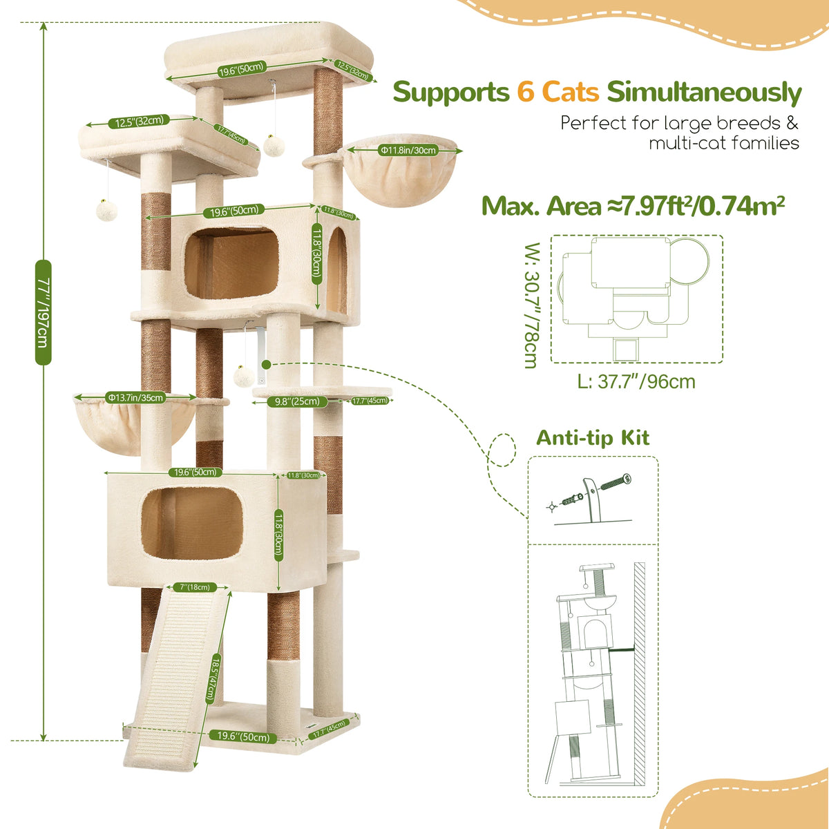 Globlazer 77" Large Cat Tree Tower for Indoor Cats, Multi-Level Cat Climbing Activity Center with 2 Condos, 2 Hammocks, Scratching Posts