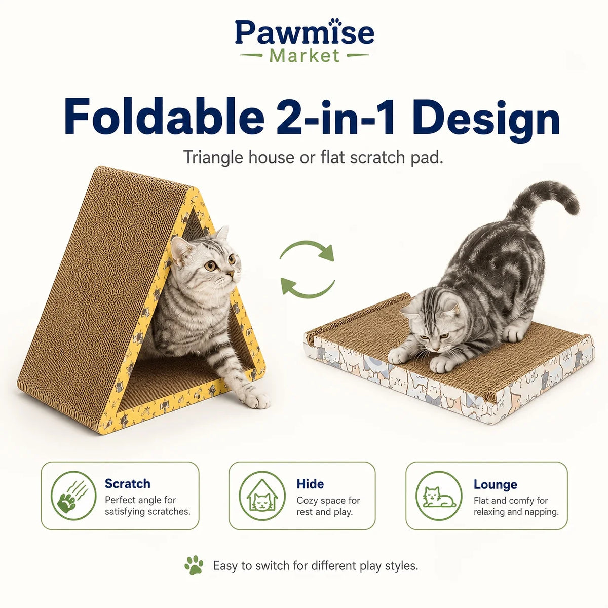 Foldable Triangular Cat Scratcher Lounge With Interactive Play Tunnel