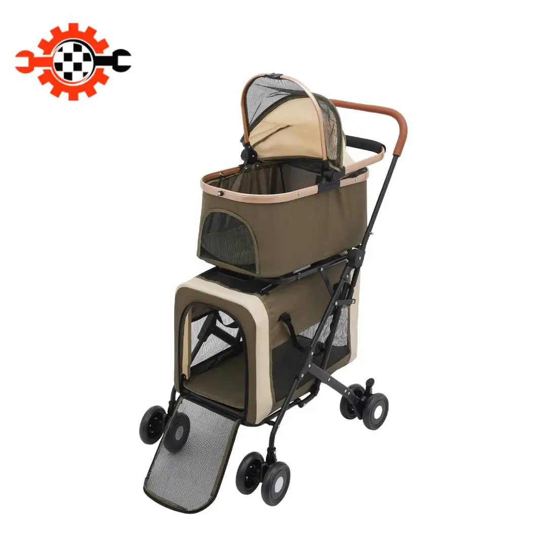 Dual Tier Foldable Pet Stroller With Sunshade And Secure Locks For Walking
