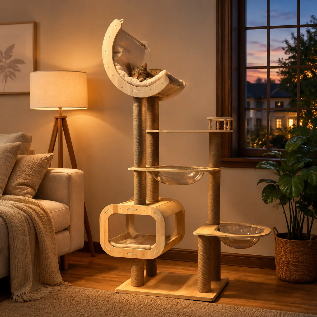 68.3 inch Multi-Level Wooden Cat Tree Tower with Moon Hammock, Sisal Scratching Posts, Clear Acrylic Bowl Beds and Cozy Cat Condo for Indoor Cats